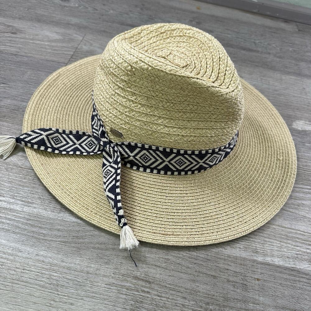 Scala Women's Handmade Wide Brim Sun Hat Beige Black Geometric Band One Size